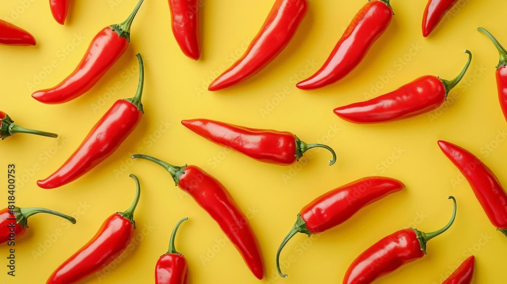 A bunch of red peppers are arranged in a pattern on a yellow background A bunch of red peppers are arranged in a pattern on a yellow background