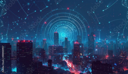 A futuristic cityscape at night  with glowing data connections connecting buildings and streets