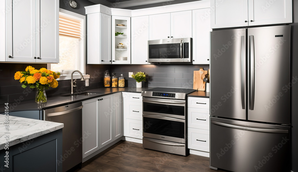 Fototapeta premium Beautiful contemporary kitchen with white cabinetry and stainless steel appliances