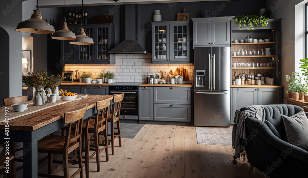Beautiful Interior of spacious kitchen with grey walls Beautiful Interior of spacious kitchen with grey walls