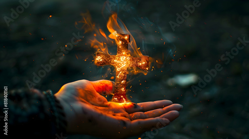 Hand holding a glowing fire cross shaped on dark background PHOTOGRAPHY 