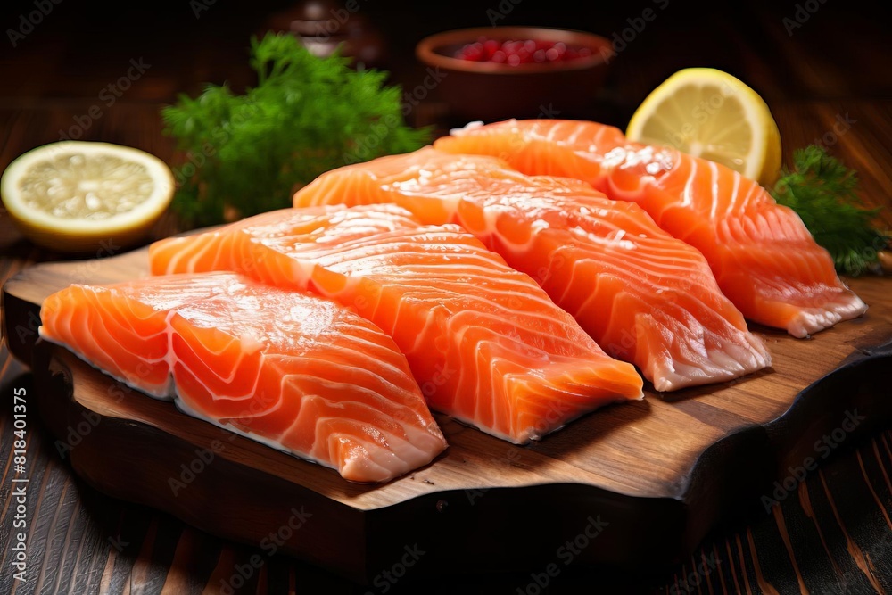A wooden cutting board with a pile of salmon on it