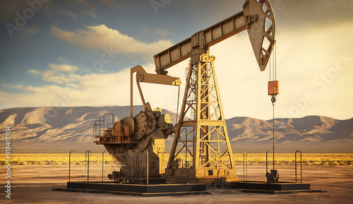 Oil pumpjack on oil well in sandy desert photo
