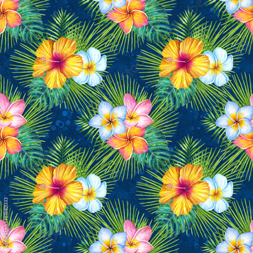 Tropical flowers seamless pattern. Exotic flowers and palm leaves. Plumeria and Hibiscus flowers. Colorful tropical flowers. Summer vacation vibe. Tropical Background. Hawaiian Tropical Plants