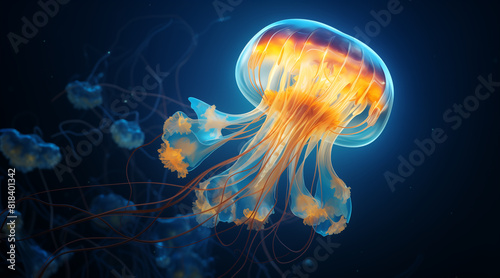 A smack, bloom, or fluther of blue and yellow luminescent jellyfish floating deep in the ocean © Enrique