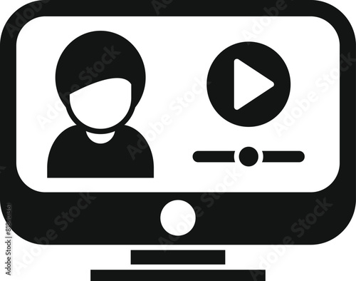 Modern flat design vector illustration of a black and white online video content icon with a person pressing the play button on a digital monitor screen