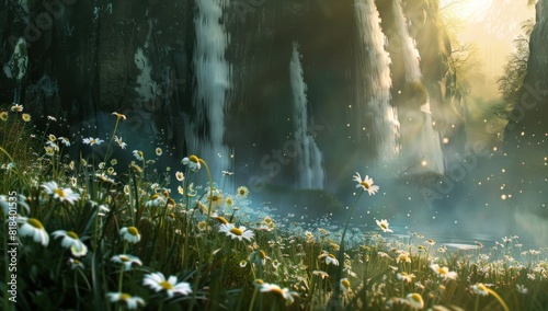 A fantasy landscape of daisies and grass in front of a waterfall