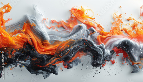 Abstract fluid art, ink splash in orange and black colors, white background