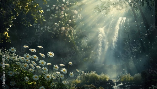 A dreamy and enchanting landscape with daisies blooming in the foreground