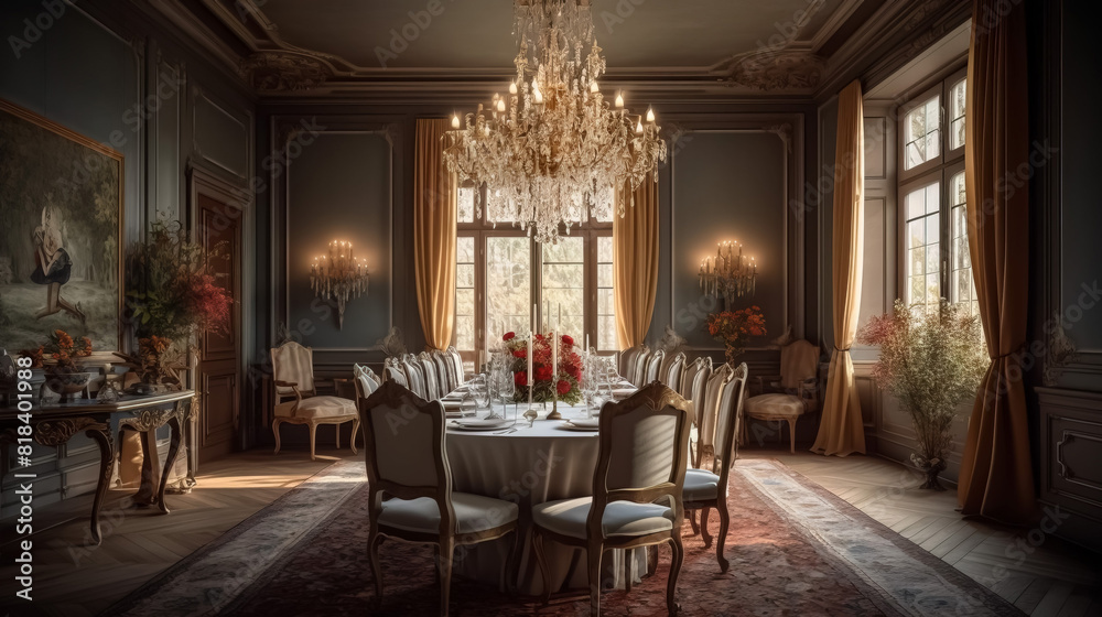 Classically-styled formal dining room with a large chandelier Classically-styled formal dining room with a large chandelier
