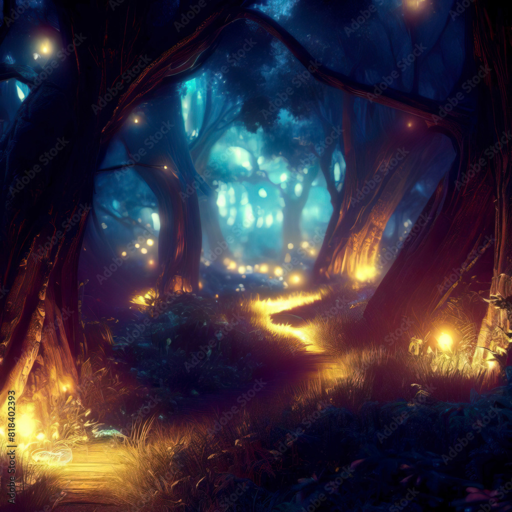 Fantasy forest at night, magic glowing path and lights in fairytale wood, Surreal mystical fantasy artwork