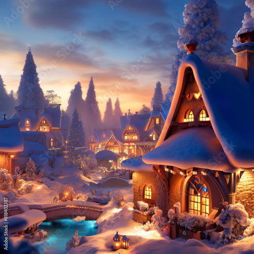 Fairytale surreal fantasy Christmas village with snow. Winter landscape