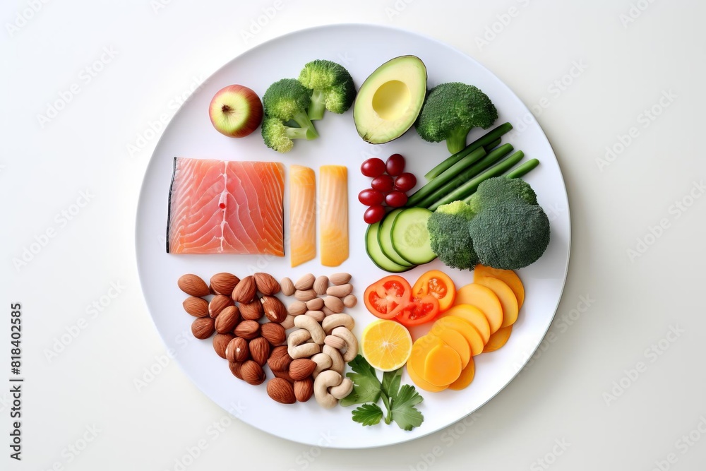A plate of food with a variety of fruits and vegetables, including broccoli A plate of food with a variety of fruits and vegetables, including broccoli