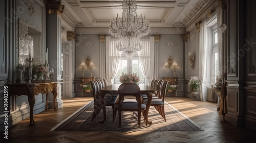 Classically-styled formal dining room with a large chandelier