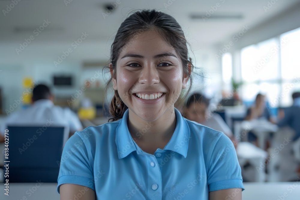 A young mexican community manager wearing a blue polo shirt in a white office, laugh A young mexican community manager wearing a blue polo shirt in a white office, laugh