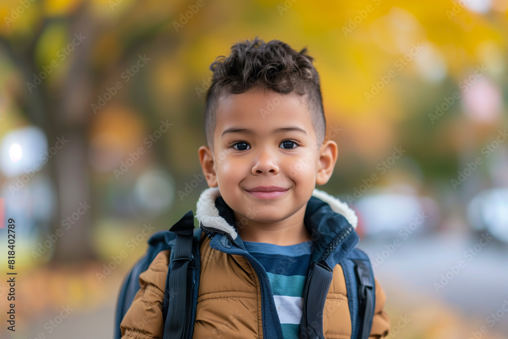 Happy Latino Boy with Backpack Outside Ready for Back to School or Hiking Adventure Happy Latino Boy with Backpack Outside Ready for Back to School or Hiking Adventure