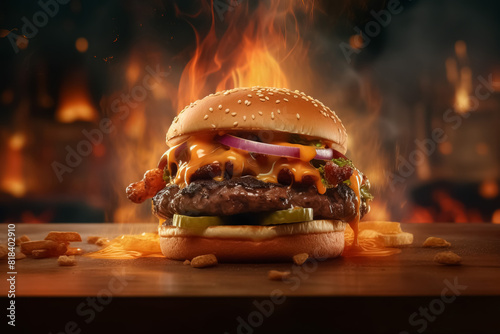 Delicious hamburger with melting cheese and details of smoke and fire behind