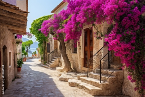 A Serene Midday Scene in a Narrow Mediterranean Alleyway with Colorful Flowers and Old Stone Buildings