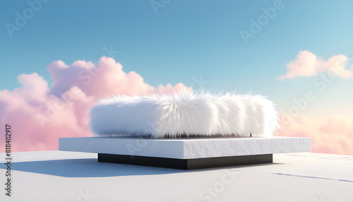 Stand platform white fur, placed on a pastel background