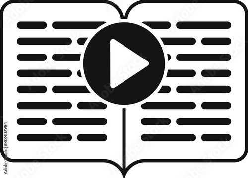 Black and white vector illustration depicting an open book with a central play button, symbolizing multimedia learning