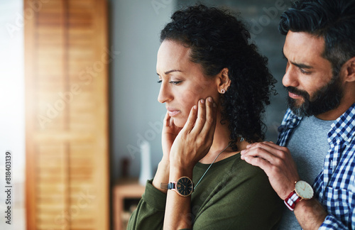 Heartbreak, couple and depression with grief for cheating in marriage with infidelity, affair and deception. Unfaithful, reassurance or peaceful conflict resolution with communication in house.