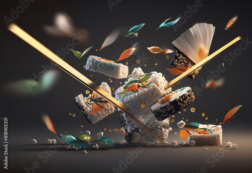 Sushi pieces and chopsticks for sushi flying in air photo