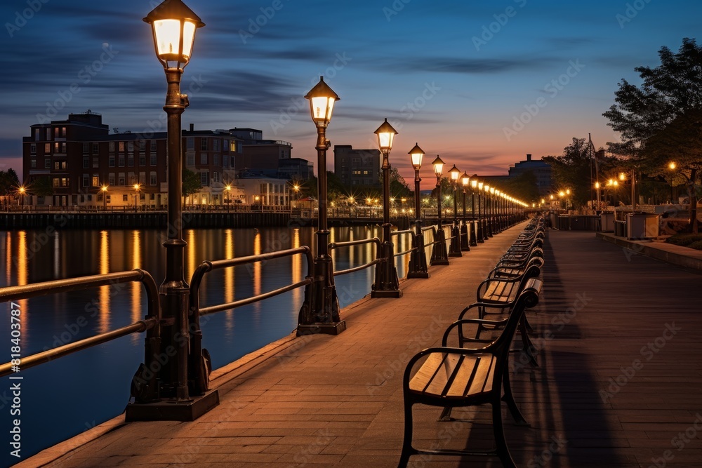 Obraz premium Twilight Descends on a Peaceful Riverside Boardwalk Adorned with Glowing Lanterns