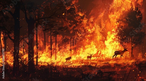Climate Crisis: Illustration of a Raging Forest Fire with Fleeing Wildlife, Symbolizing the Growing Threat of Wildfires