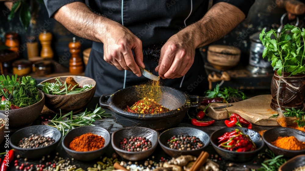 chef mixing seasonings and vegetables in a saucer in a professional kitchen in high resolution and quality