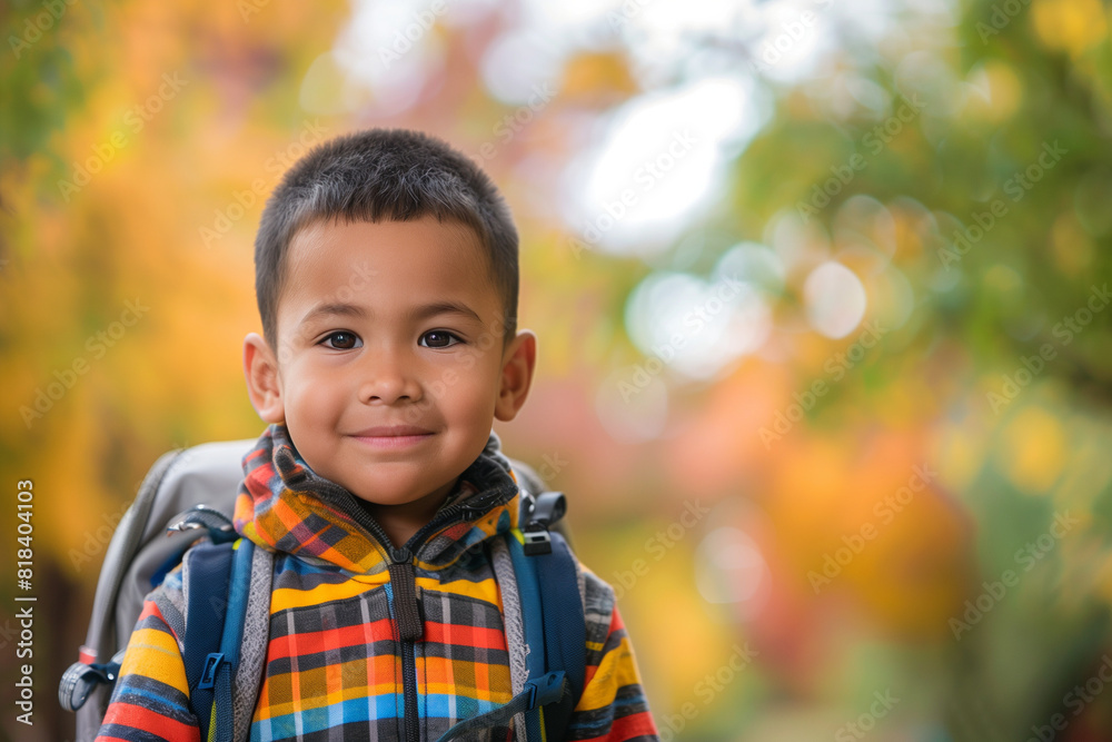 Happy Latino Boy with Backpack Outside Ready for Back to School or Hiking Adventure Happy Latino Boy with Backpack Outside Ready for Back to School or Hiking Adventure
