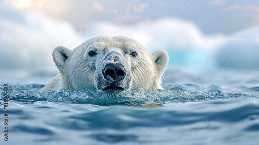 Struggling Polar Bear in Open Water Seeking Ice Floe - Concept of Habitat Loss and Climate Change