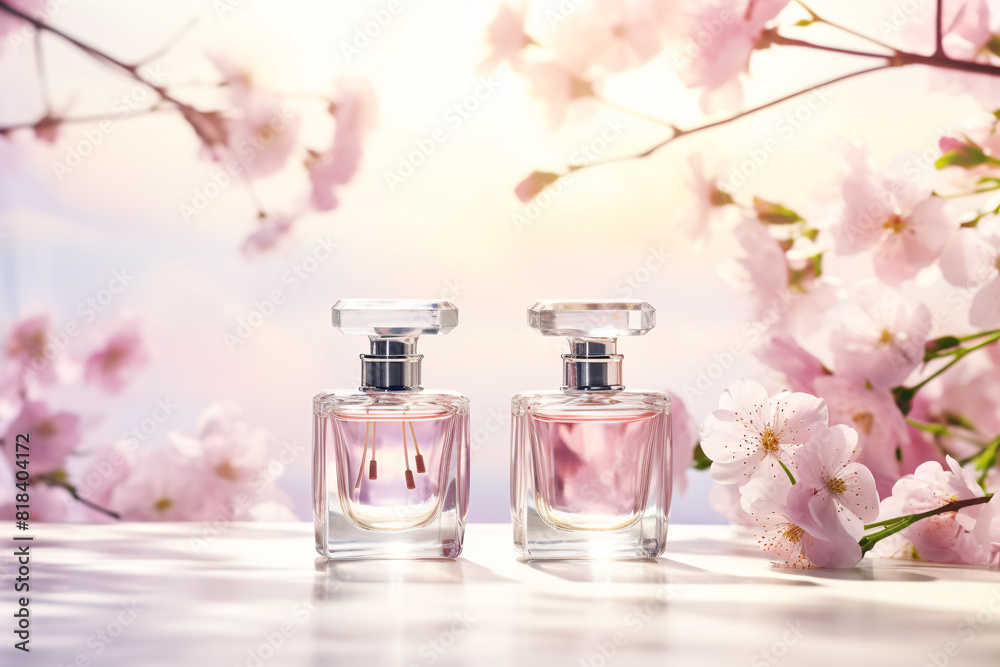 Perfume glass bottles with a cherry blossom design sit on a table Perfume glass bottles with a cherry blossom design sit on a table