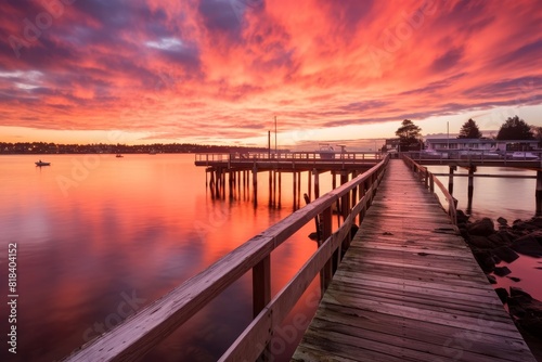 Early morning fishing activities on a public dock with the sun rising over the tranquil sea © aicandy