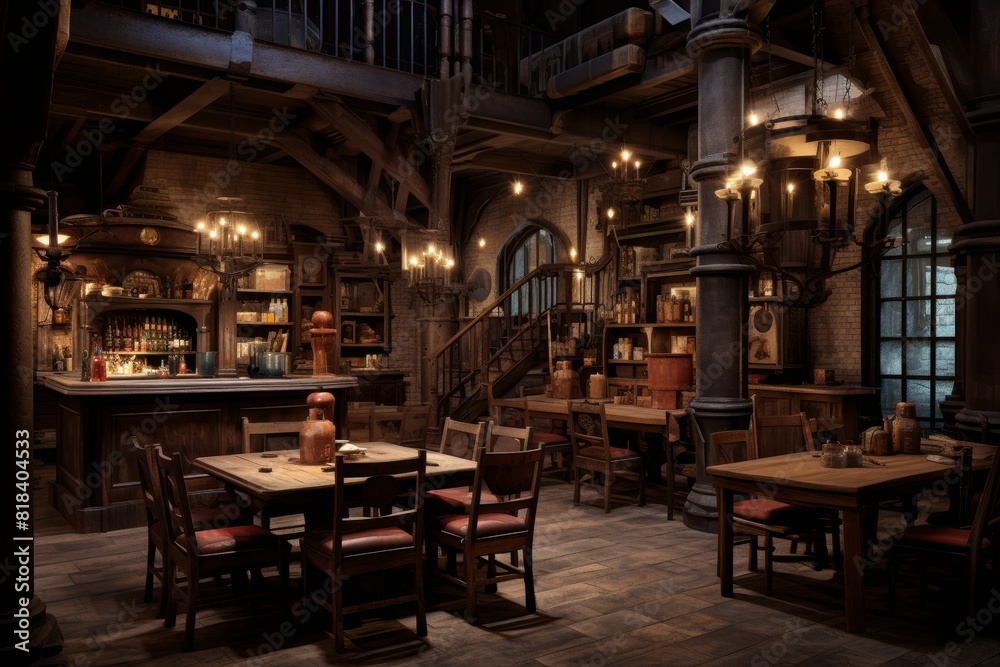 An Inviting Bistro with a Romantic Atmosphere Featuring a Rustic Wine Rack and Vintage Furniture An Inviting Bistro with a Romantic Atmosphere Featuring a Rustic Wine Rack and Vintage Furniture