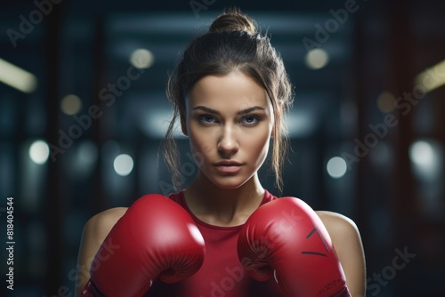 Fierce beautiful female muay thai boxer with powerful physique trains, delivering punches at boxing bag, epitomizing strength and determination in combat sports training.