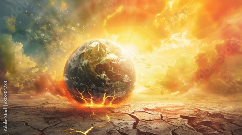 Planet in Peril: Illustration of Earth Overheating with Cracks and Flames - Global Warming Crisis Concept Art