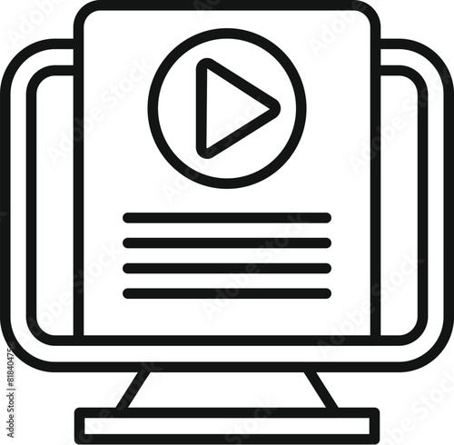 Black and white line art icon of a video streaming interface on a desktop monitor