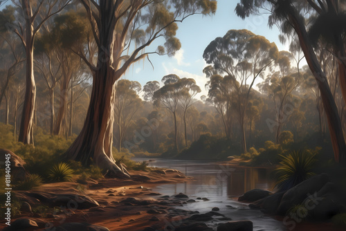A quintessential eucalypt forest scene across Victoria, NSW, and South Australia, reminiscent of McCubbin's style, with towering gums, dappled sunlight, native flora, and a sense of tranquility photo