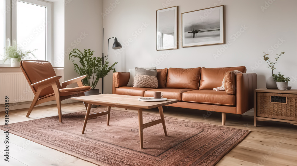 Scandinavian living room with white walls and a warm wood accent wall Scandinavian living room with white walls and a warm wood accent wall