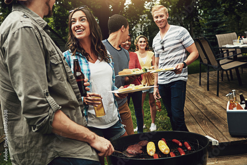 Sticker Friends, barbecue and help for serving with plate in backyard with diversity, cooking or meat on fire