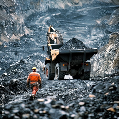 Tantalum, Nickel, Cobalt, lithium. Dump Truck and Excavator Worker mining Coal, metal Tantalum and silver.