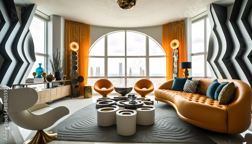 Huge and tall penthouse living room in miami condo, modern art deco style