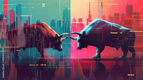 A digital illustration of a bull and a bear facing each other, symbolizing bull and bear markets. The background features a stock market chart with rising and falling trends. The colors are vibrant an © Alin