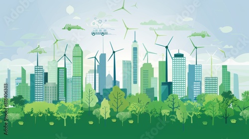 Urban Sustainability  Green City Skyline with Wind Turbines  Solar Panels  and Electric Cars