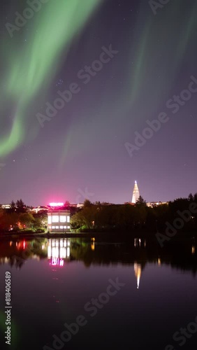 Wallpaper Mural Aurora borealis Reykjavik Iceland church pond mirror reflection vertical Torontodigital.ca