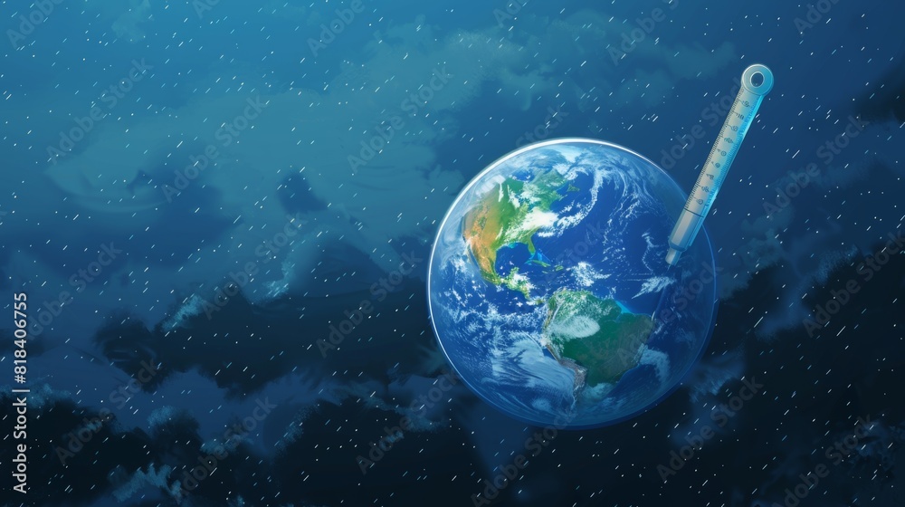 Naklejka premium Melting Earth - Illustration of Global Warming Crisis with High Temperature Thermometer on Planet Earth, Climate Change Concept