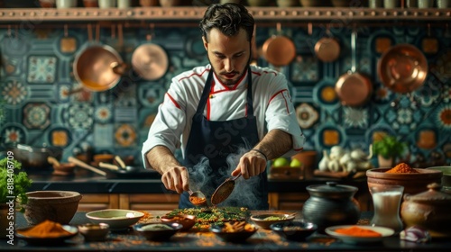 chef mixing seasonings and vegetables on a plate in a professional kitchen