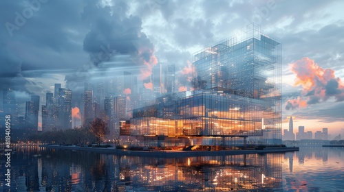 Double exposure magic unfolds as digital renderings transform into tangible buildings  a testament to modern engineering prowess.