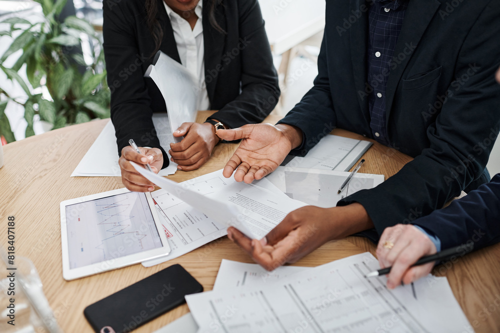 Business, hands and paperwork in table at office with documents for teamwork, collaboration and plan as accountant. Employee, people and financial reviews, records and auditing for company accounts Business, hands and paperwork in table at office with documents for teamwork, collaboration and plan as accountant. Employee, people and financial reviews, records and auditing for company accounts