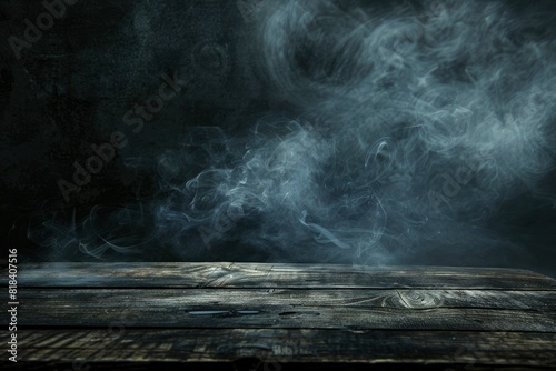 Old wood table top with smoke in the dark background - generative ai